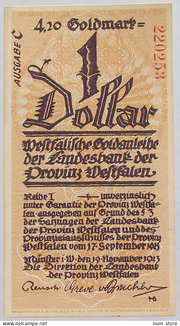 GERMANY 1 DOLLAR 1923 WETFALEN 4.2GOLDMARK #alb012 0017 - Deutsche Golddiskontbank