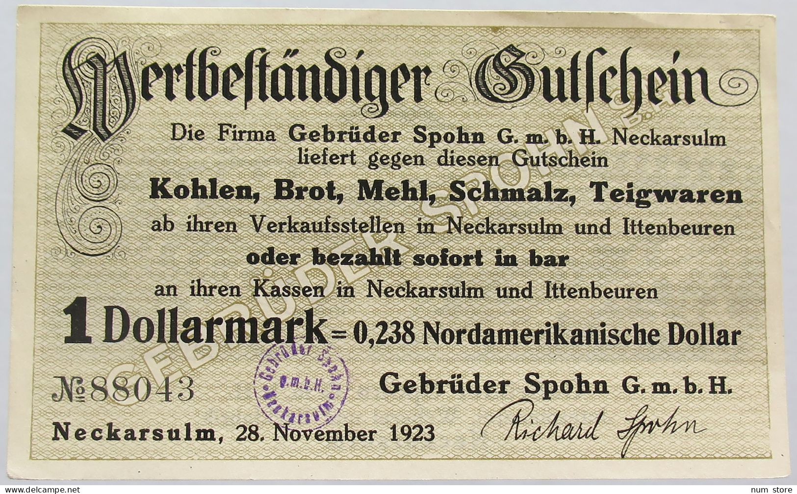 GERMANY 1 DOLLAR MARK 1923 NECKARSULM #alb002 0215 - Deutsche Golddiskontbank