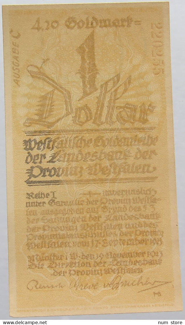 GERMANY 1 DOLLAR 1923 WETFALEN 4.2GOLDMARK #alb011 0141 - Deutsche Golddiskontbank