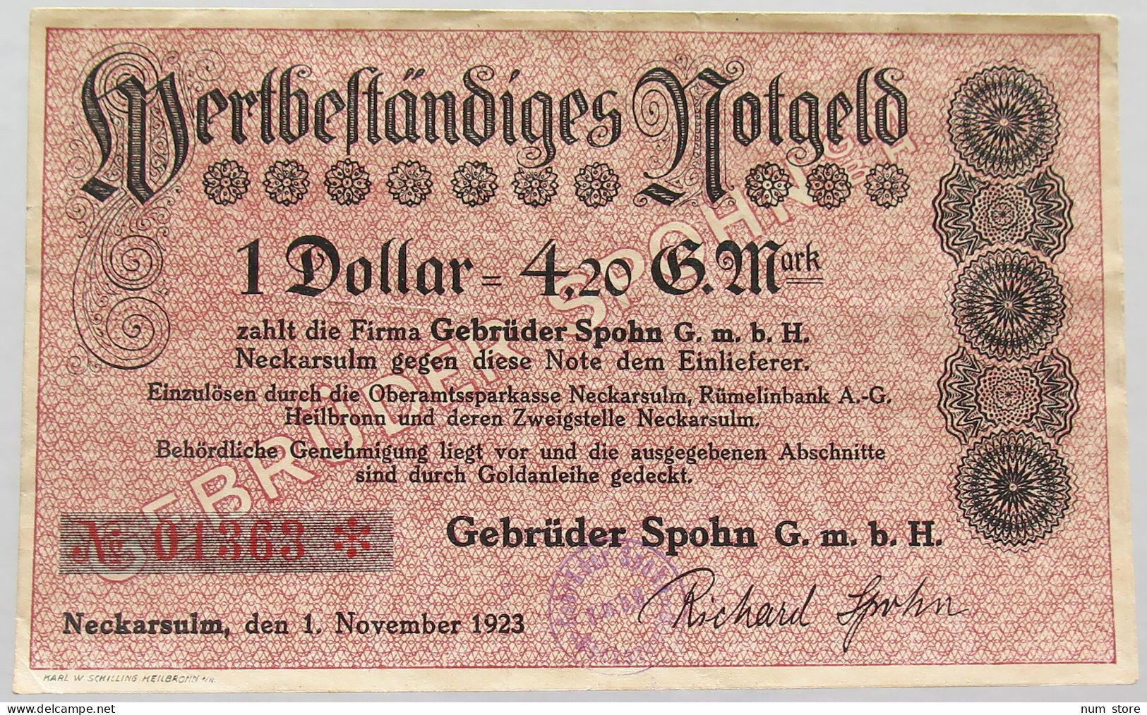 GERMANY 1 DOLLAR NECKARSULM 4,2 GOLDMARK 1923 #alb002 0213 - Deutsche Golddiskontbank