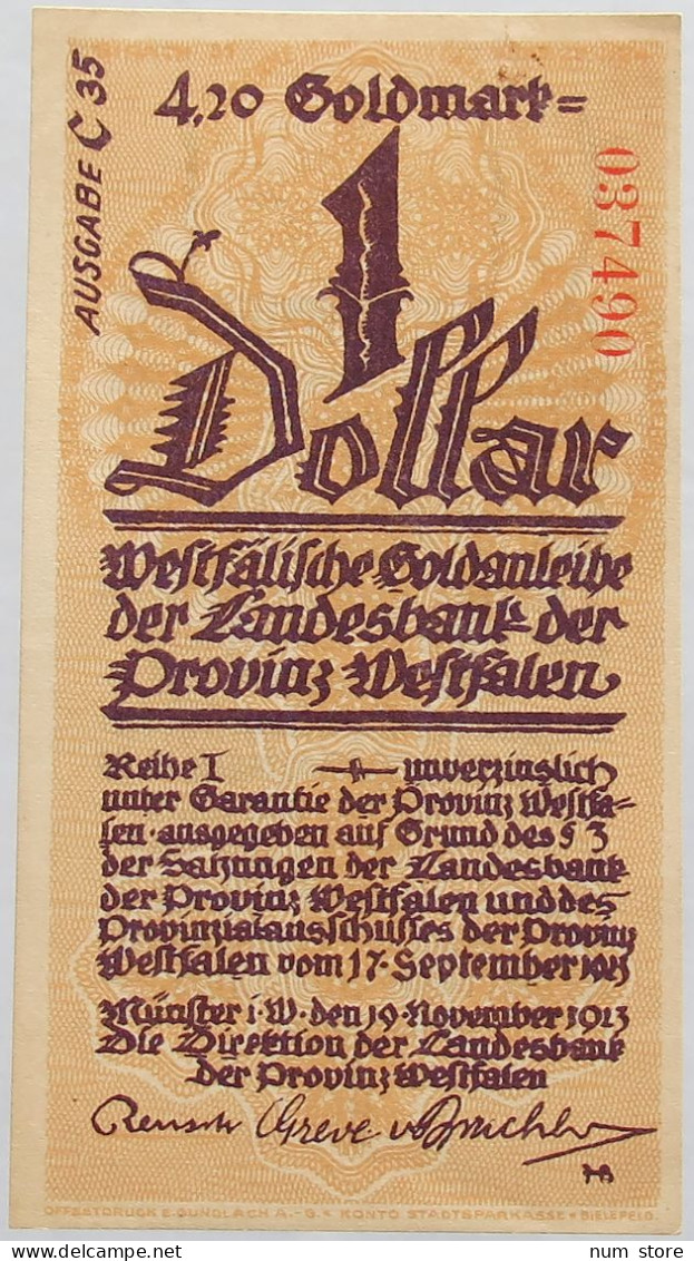 GERMANY 1 DOLLAR 1923 WESTFALEN #alb008 0175 - Non Classificati