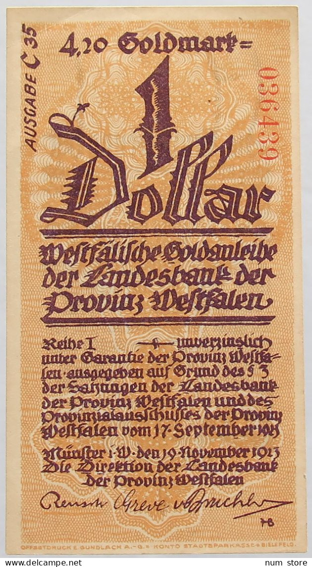 GERMANY 1 DOLLAR 1923 WESTFALEN #alb008 0157 - Unclassified