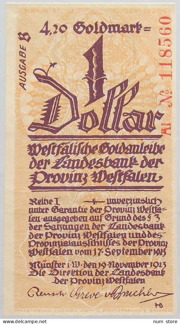 GERMANY 1 DOLLAR 1923 WESTFALEN #alb008 0159 - Unclassified