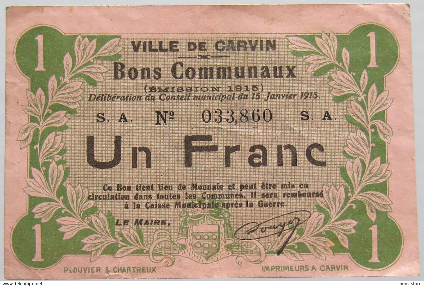 FRANCE FRANC 1915 CARVIN #alb020 0019 - Ohne Zuordnung