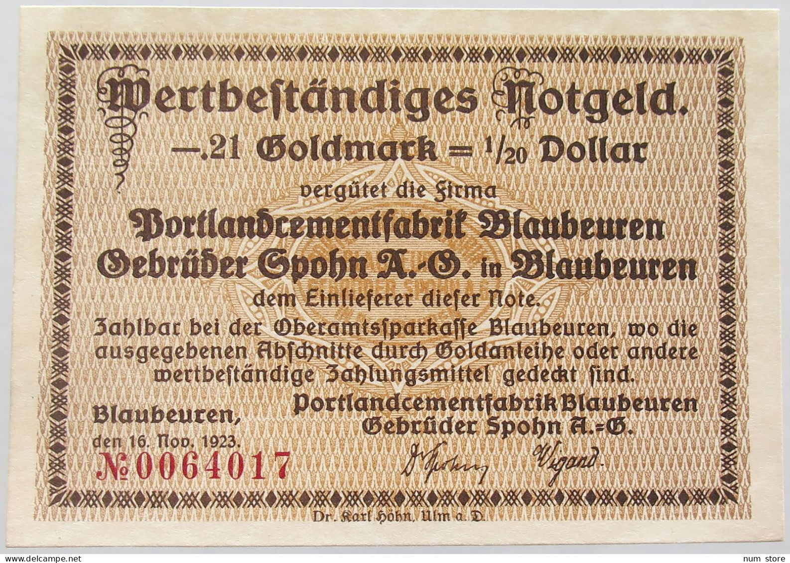 GERMANY 0.21 GOLDMARK 1/20 DOLLAR 1923 BLAUBEUREN #alb002 0235 - Deutsche Golddiskontbank