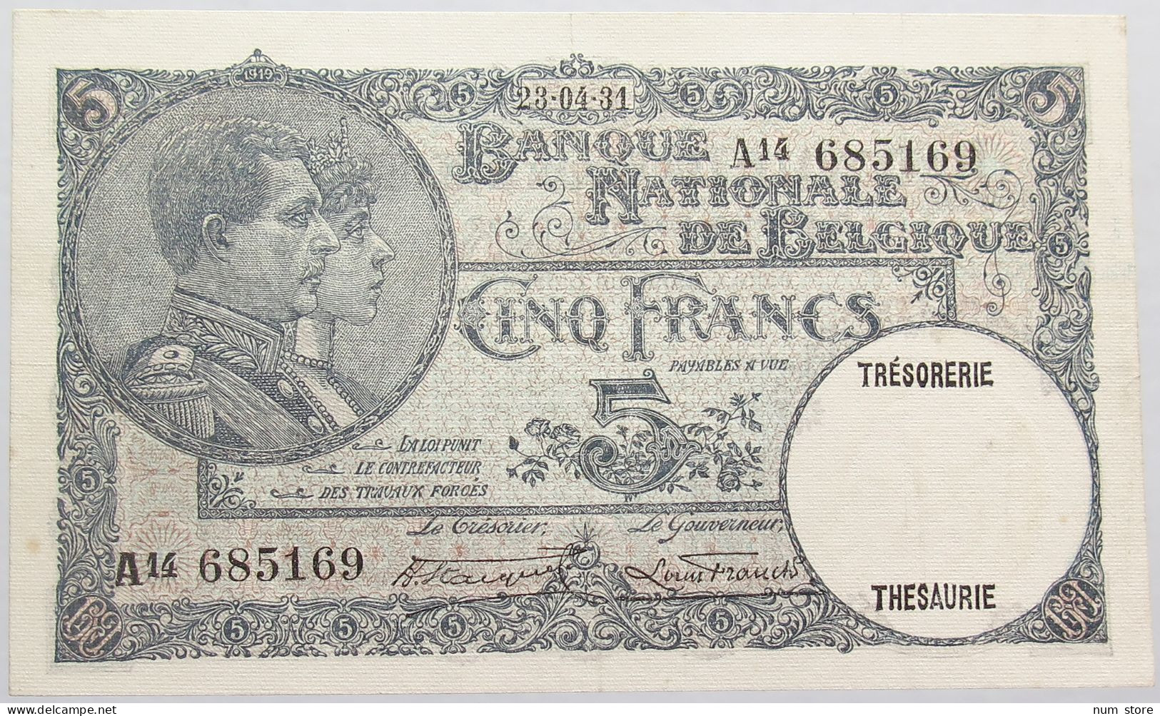 BELGIUM 5 FRANCS 1931 TOP #alb013 0153 - 5 Francos