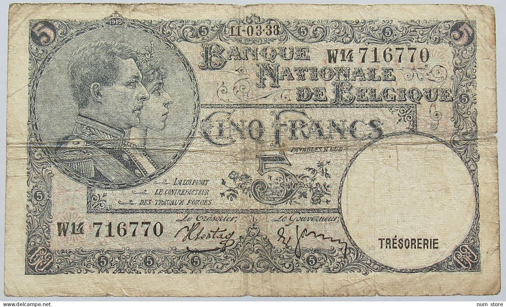 BELGIUM 5 FRANCS 1938 #alb004 0265 - 5 Francs