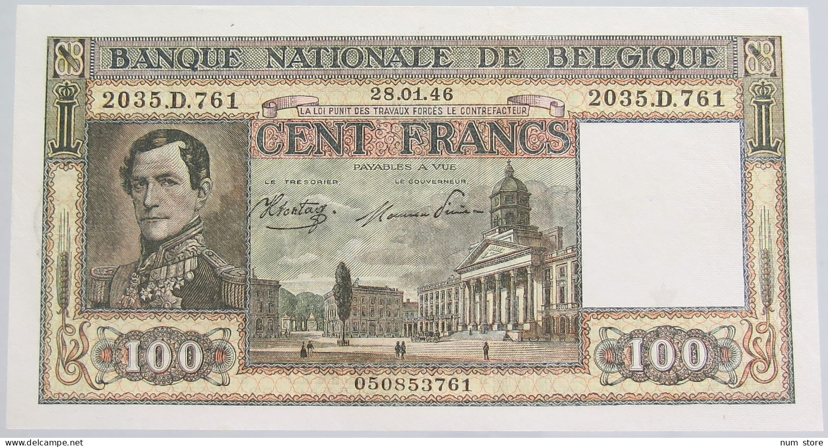 BELGIUM 100 FRANCS 1946 AUNC #alb010 0289 - 100 Francs