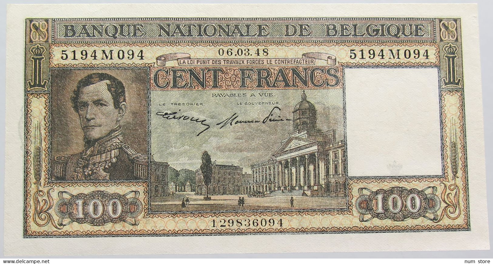 BELGIUM 100 FRANCS 1948 UNC #alb011 0181 - 100 Francos