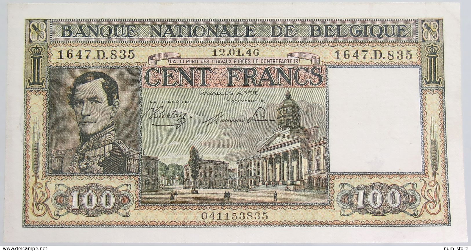 BELGIUM 100 FRANCS 1946 AUNC #alb010 0295 - 100 Francos