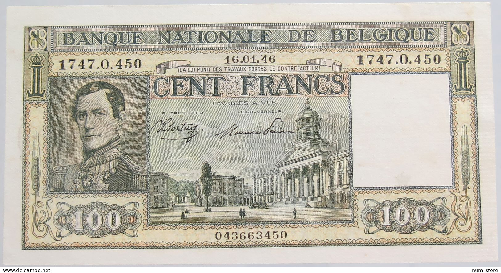 BELGIUM 100 FRANCS 1946 AUNC #alb010 0293 - 100 Frank