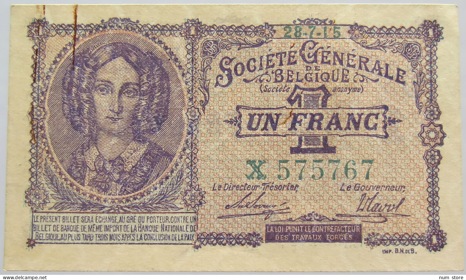 BELGIUM 1 FRANC 1915 RARE #alb020 0033 - 5-10-20-25 Franchi