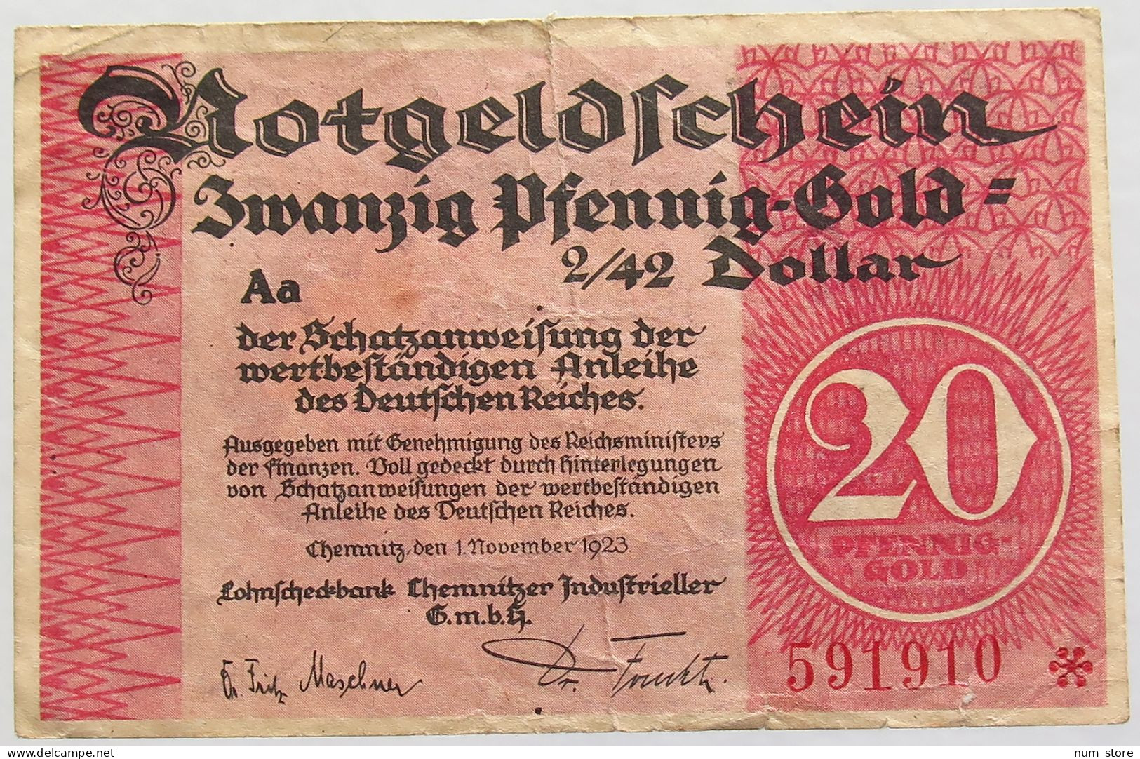 GERMANY 20 GOLDPFENNIG CHEMNITZ 1923 #alb010 0221 - Deutsche Golddiskontbank