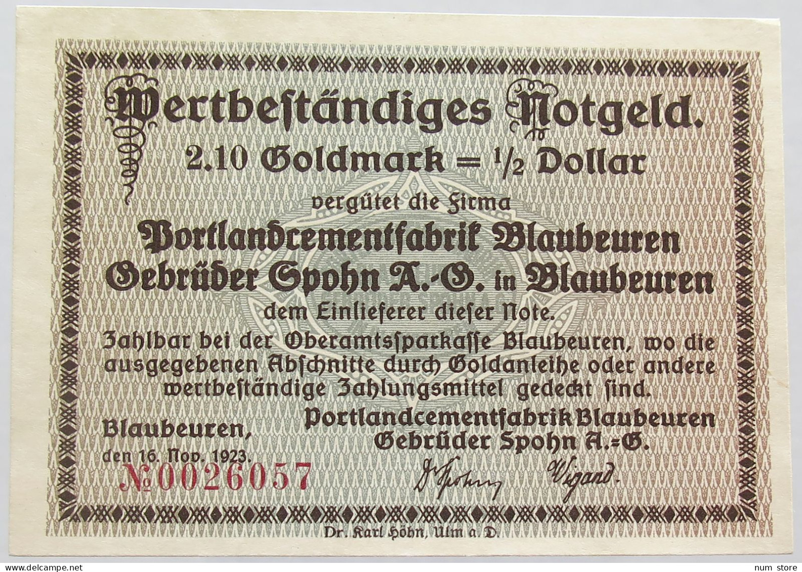 GERMANY 2.1 GOLDMARK 1/2 DOLLAR 1923 BLAUBEUREN #alb002 0241 - Deutsche Golddiskontbank