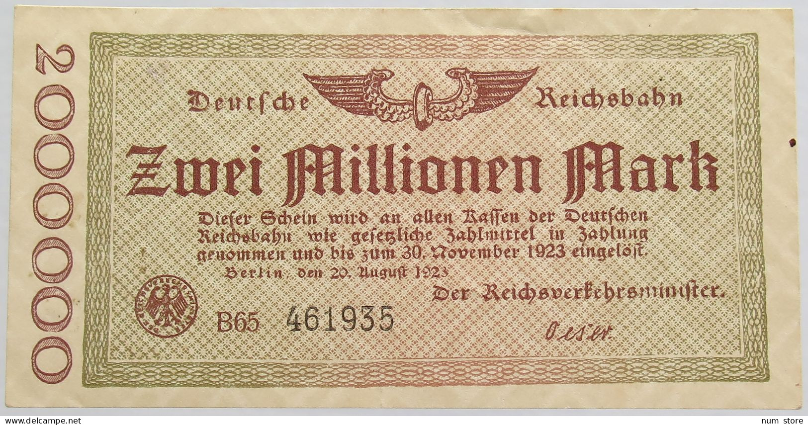 GERMANY 2 MILLIONEN MARK 1923 REICHSBAHN #alb012 0081 - 2 Mio. Mark