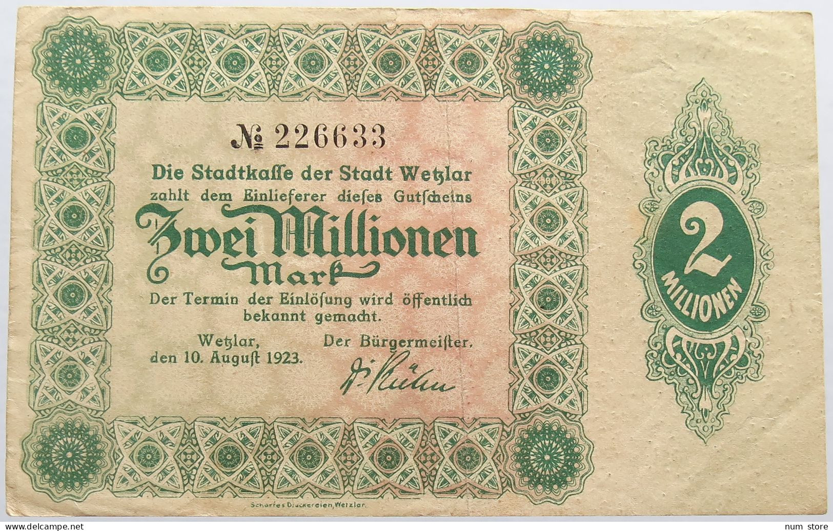 GERMANY 2 MILLIONEN MARK 1923 WETZLAR #alb004 0407 - 2 Mio. Mark