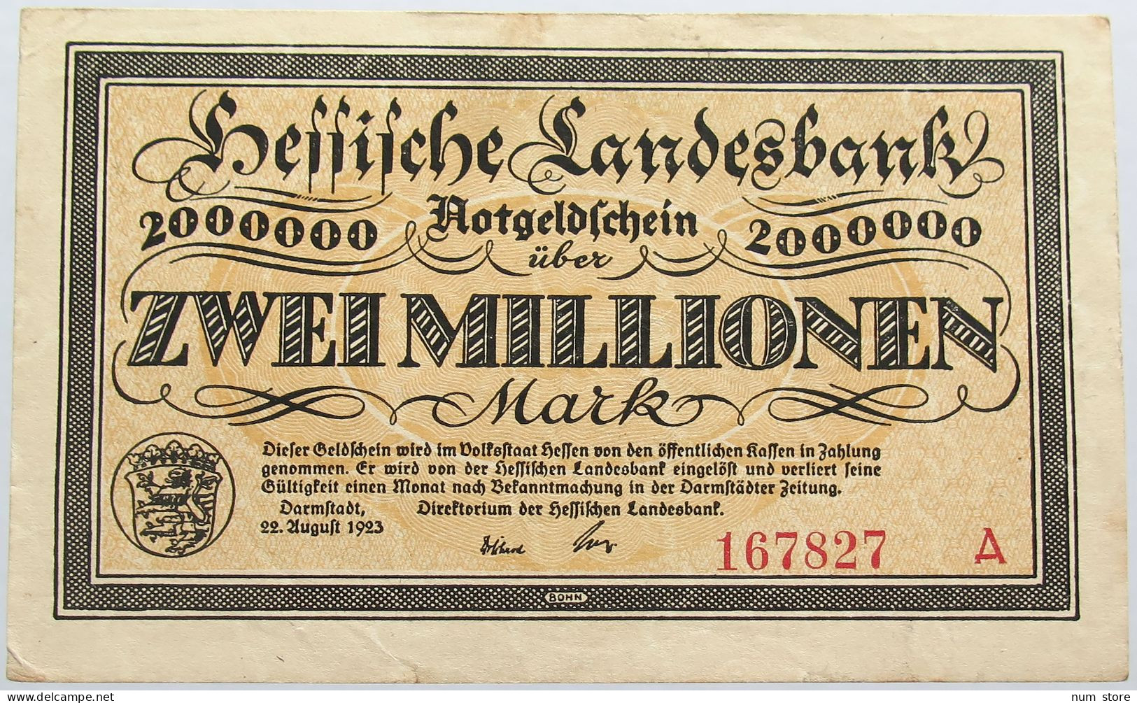 GERMANY 2 MILLIONEN MARK 1923 HESSEN #alb004 0397 - 2 Mio. Mark