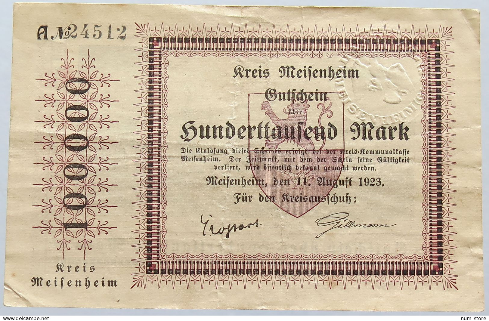 GERMANY 100000 MARK MEISENHEIM RARE #alb004 0239 - 100.000 Mark