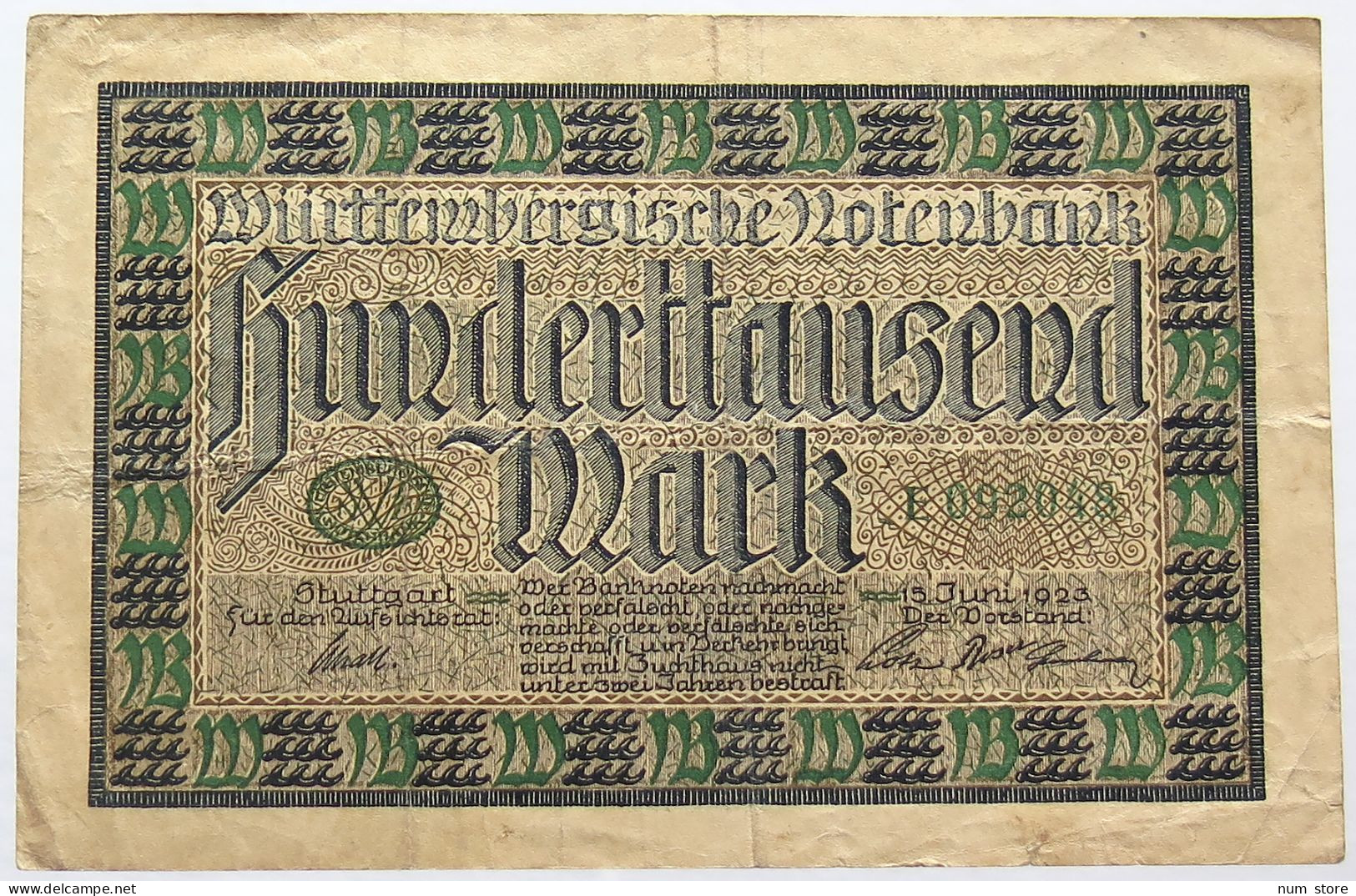 GERMANY 100000 MARK 1923 WURTTENBERG #alb066 0145 - 100.000 Mark
