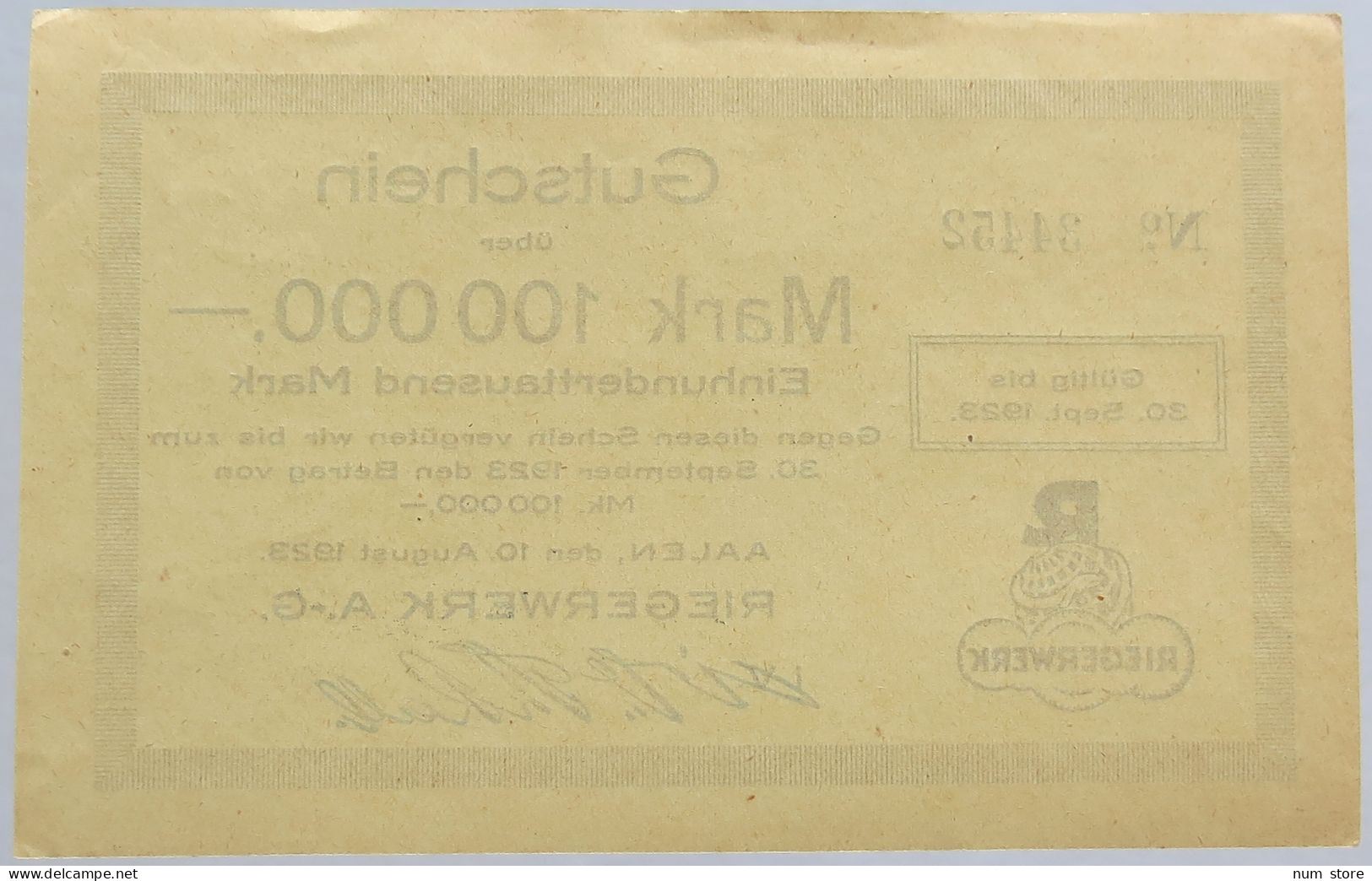 GERMANY 100000 MARK 1923 RIEGERWERK #alb002 0349 - 100000 Mark