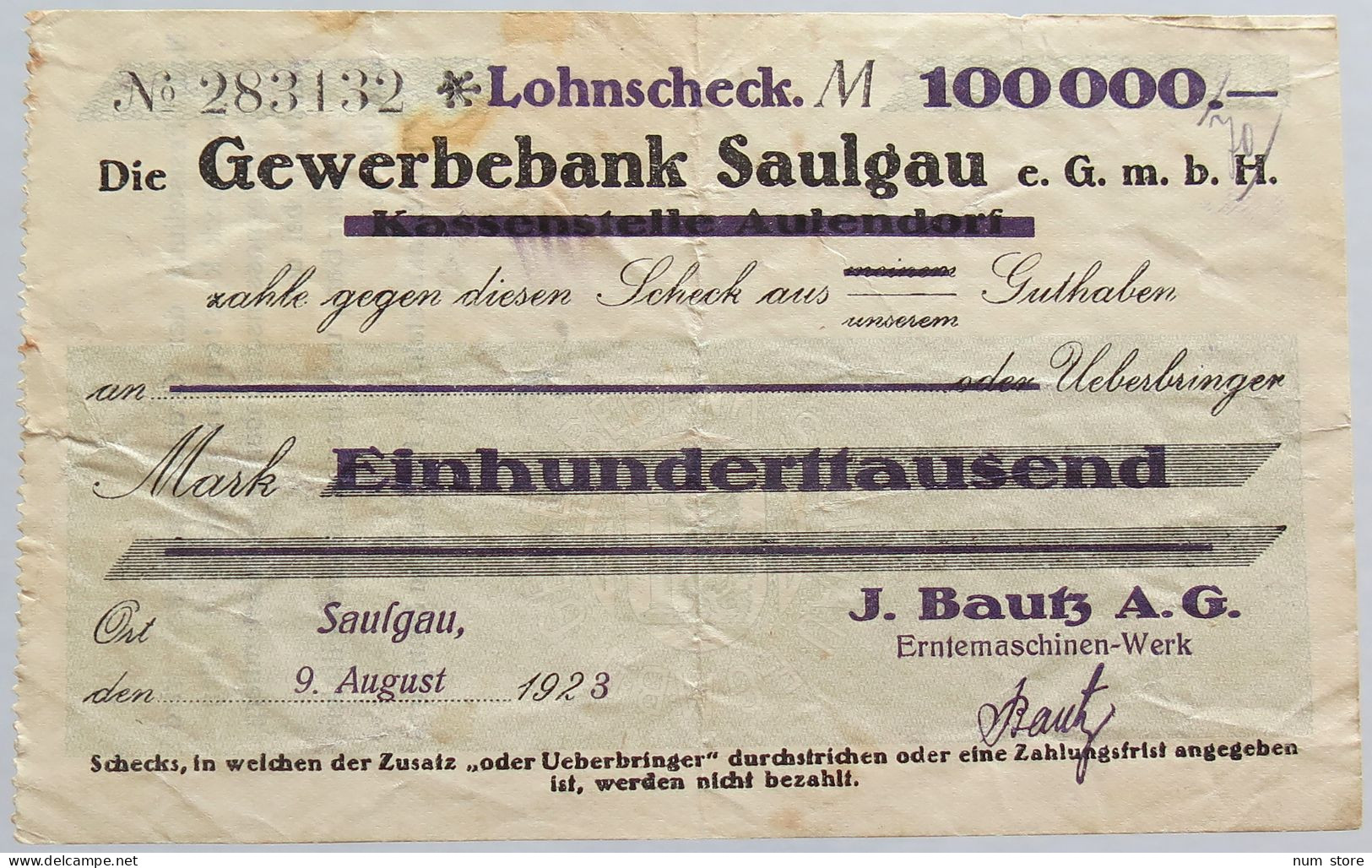 GERMANY 100000 MARK 1923 SAULGAU #alb002 0385 - 100000 Mark