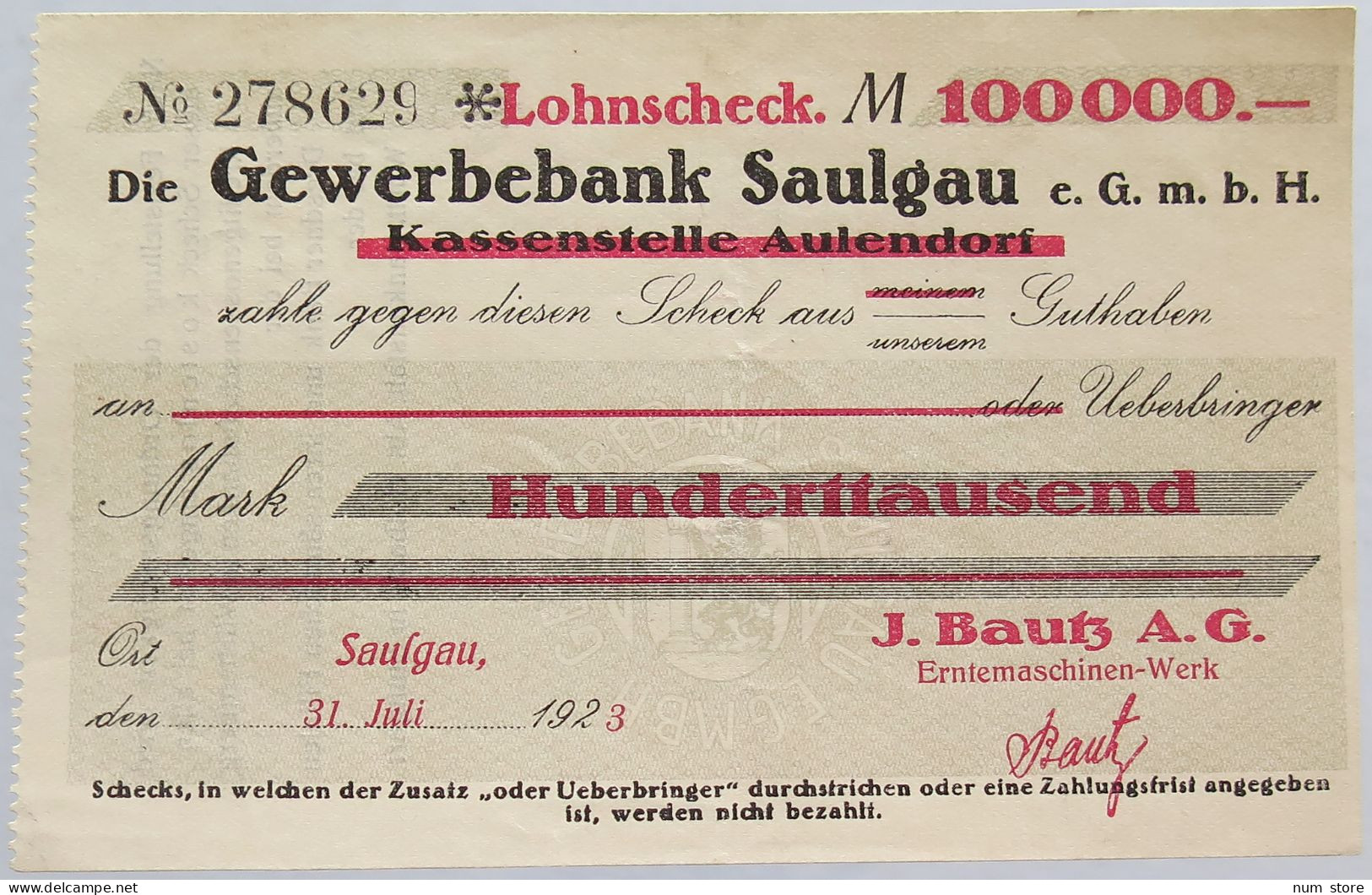 GERMANY 100000 MARK 1923 SAULGAU #alb002 0383 - 100000 Mark