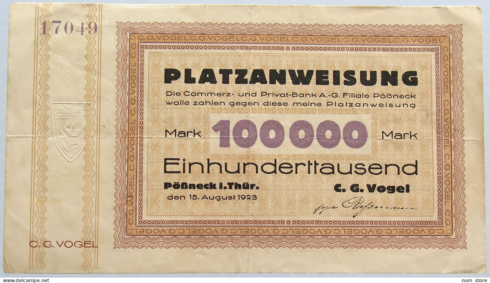 GERMANY 100000 MARK 1923 POSSNECK #alb003 0167 - 100.000 Mark