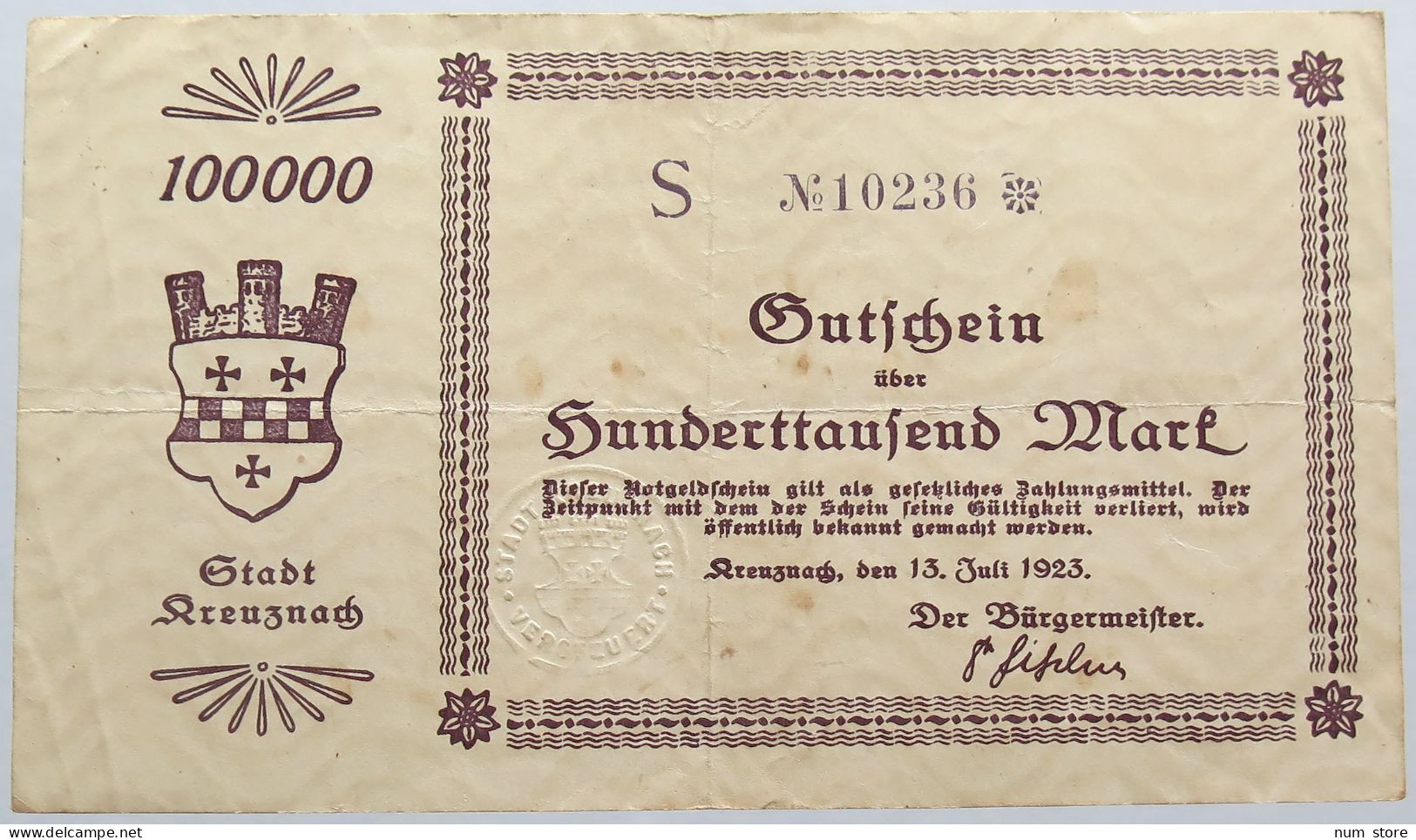GERMANY 10000 MARK KREUZNACH GUTSCHEIN #alb004 0383 - 10000 Mark