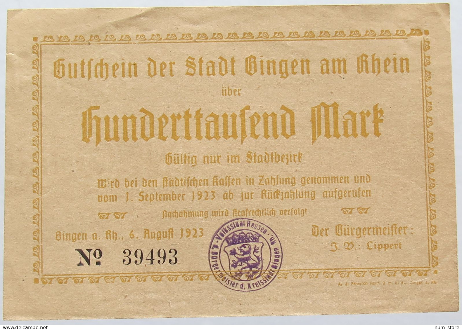 GERMANY 100000 MARK 1923 SINGEN AM RHEIN #alb004 0019 - 100000 Mark