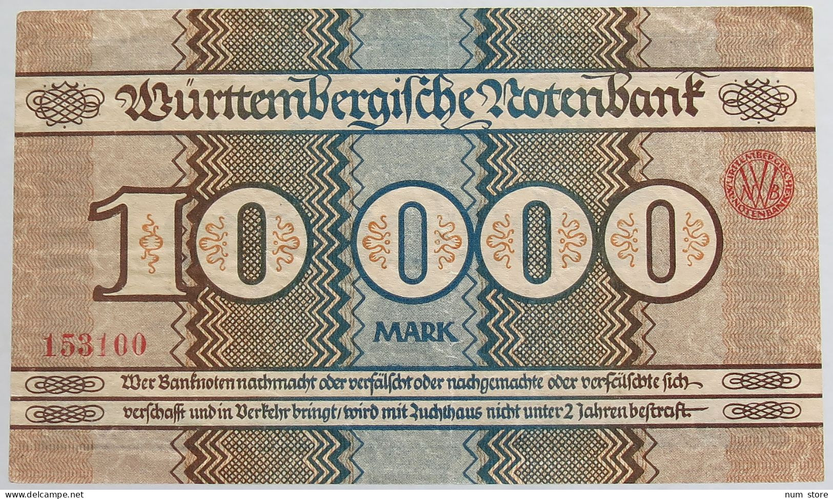 GERMANY 10000 MARK 1923 WURTTEMBERG #alb012 0019 - 10.000 Mark