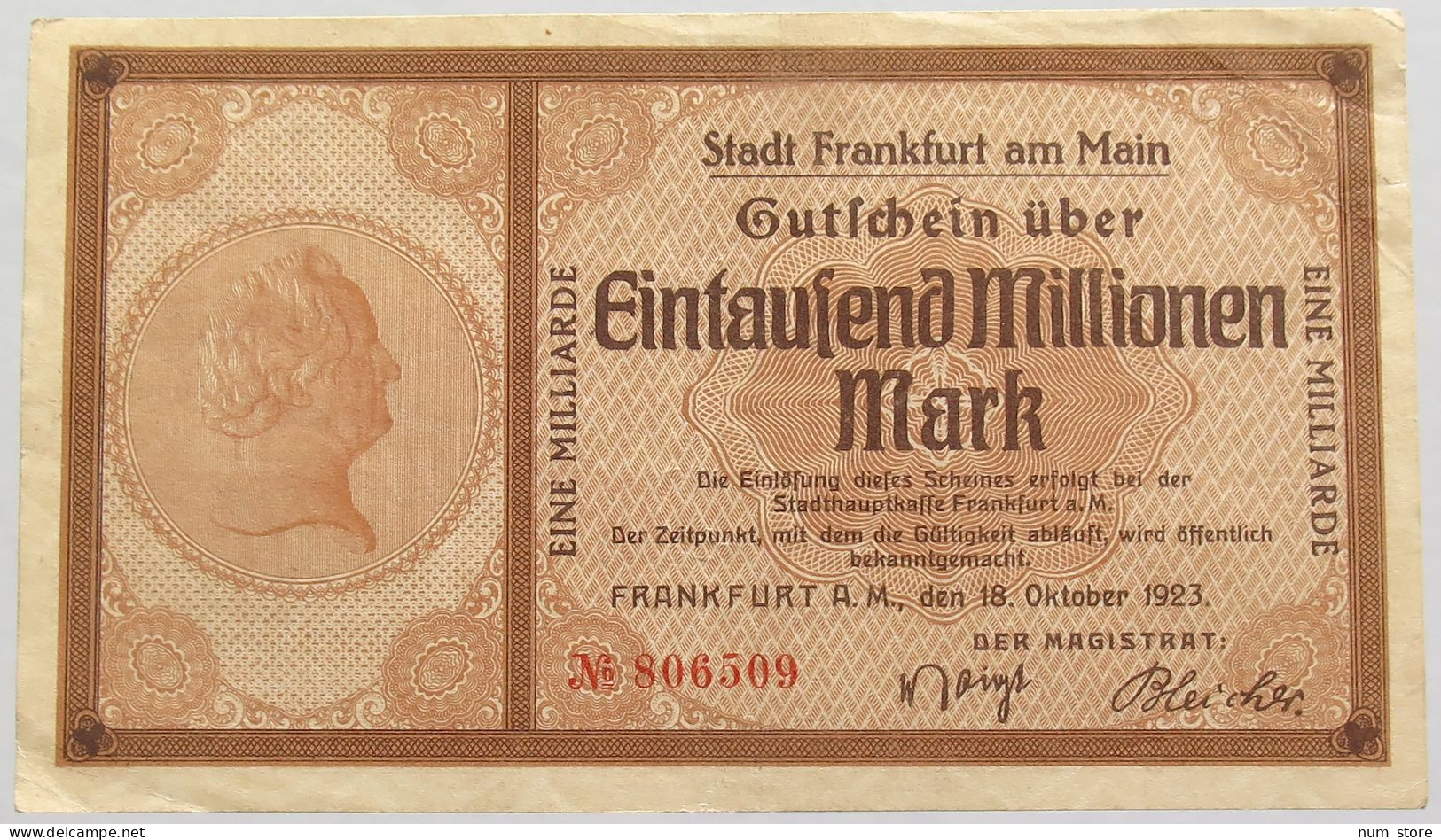 GERMANY 1000 MILLIONEN MARK 1923 FRANKFURT AM MAIN #alb010 0147 - 1 Milliarde Mark