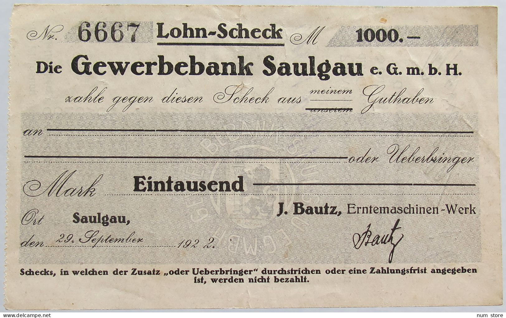 GERMANY 1000 MARK 1922 SAULGAU #alb002 0381 - 1.000 Mark