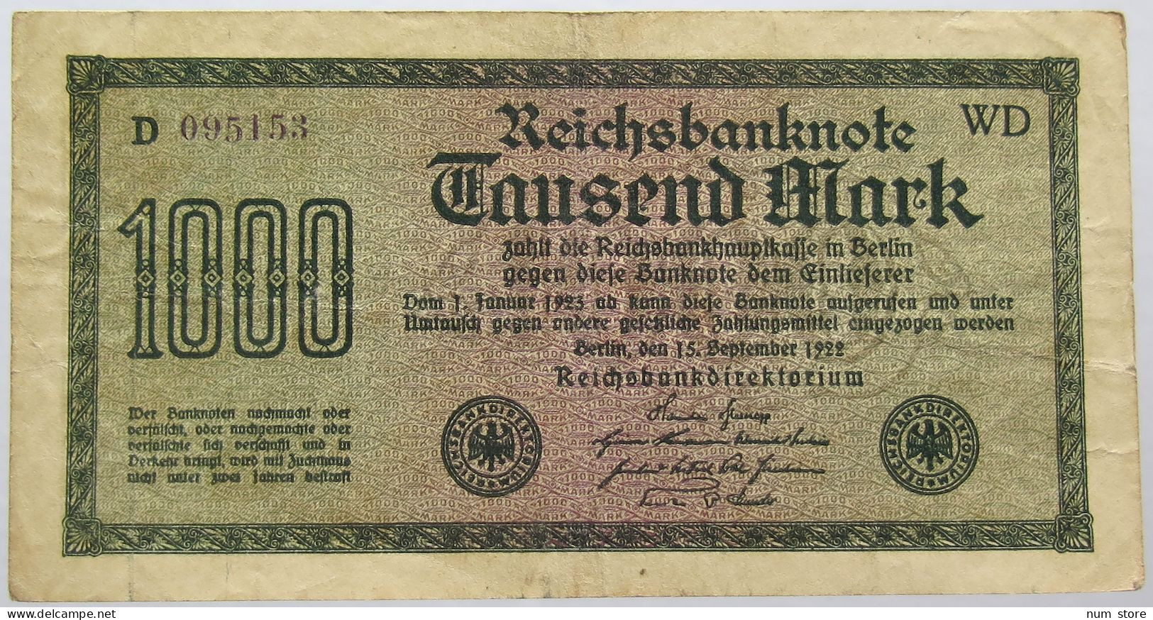 GERMANY 1000 MARK 1922 #alb067 0239 - 1000 Mark