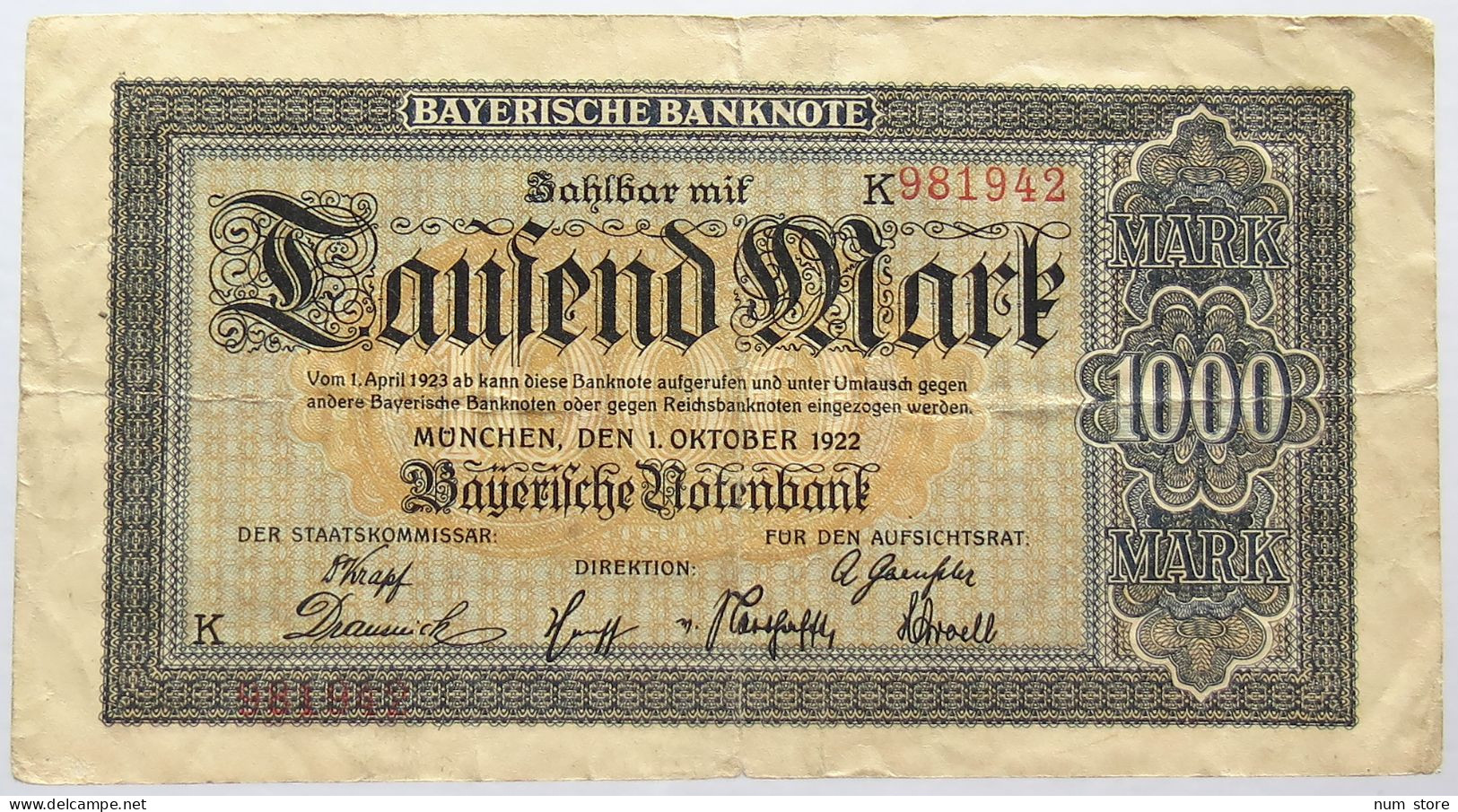 GERMANY 1000 MARK 1922 BAYERN #alb066 0143 - 1.000 Mark