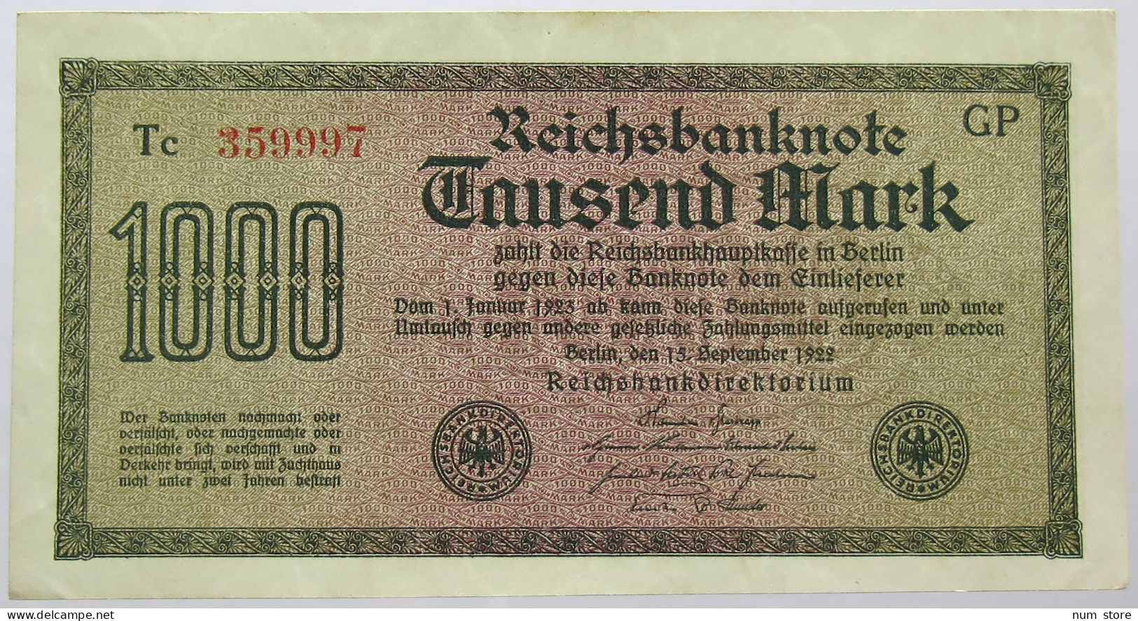 GERMANY 1000 MARK 1922 #alb067 0237 - 1.000 Mark