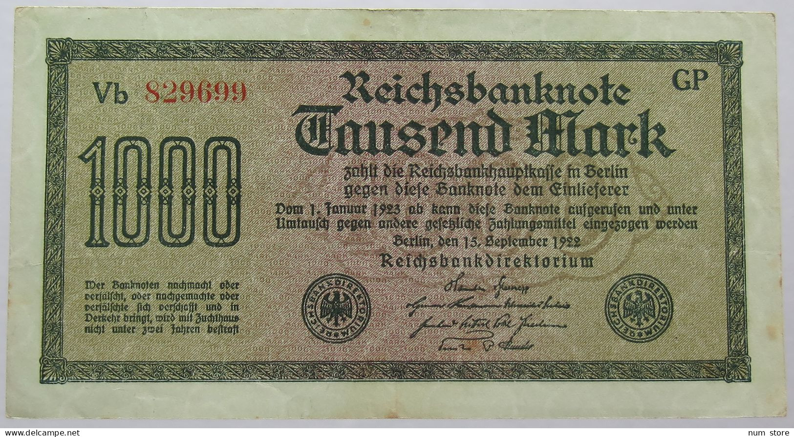 GERMANY 1000 MARK 1922 #alb067 0221 - 1000 Mark