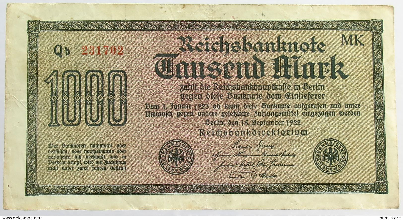 GERMANY 1000 MARK 1922 #alb066 0407 - 1000 Mark