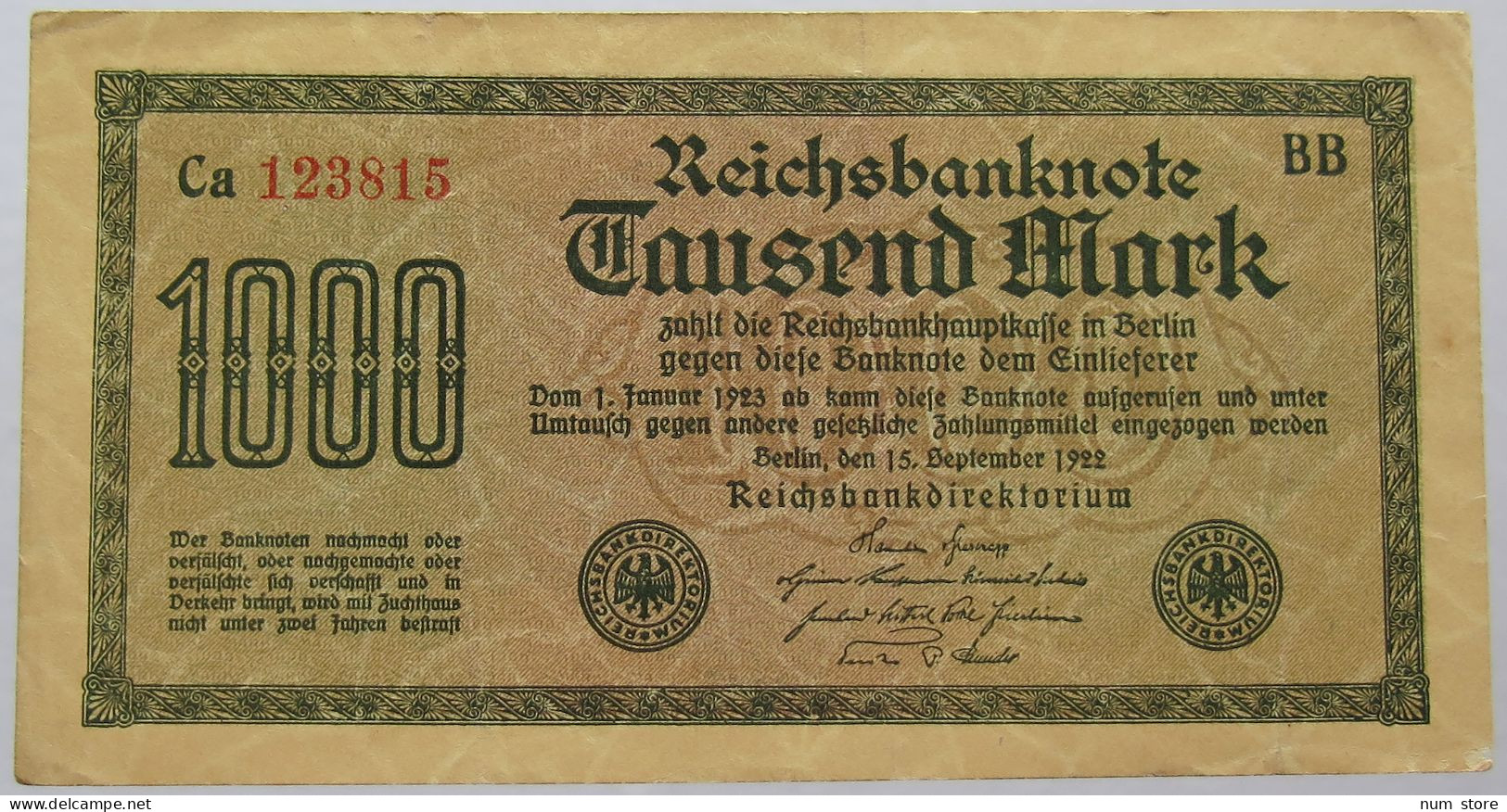 GERMANY 1000 MARK 1922 #alb067 0223 - 1.000 Mark