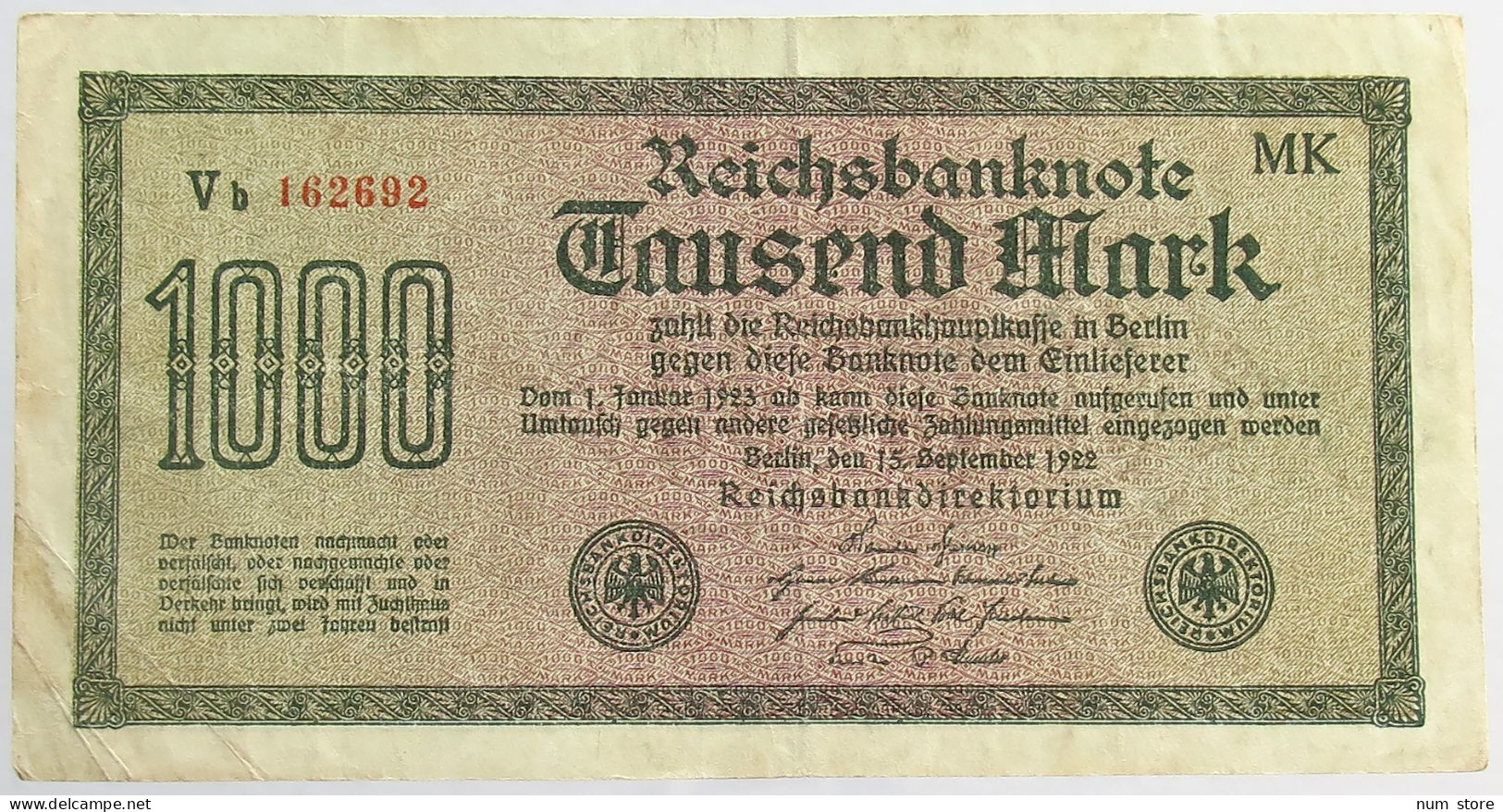 GERMANY 1000 MARK 1922 #alb066 0405 - 1000 Mark