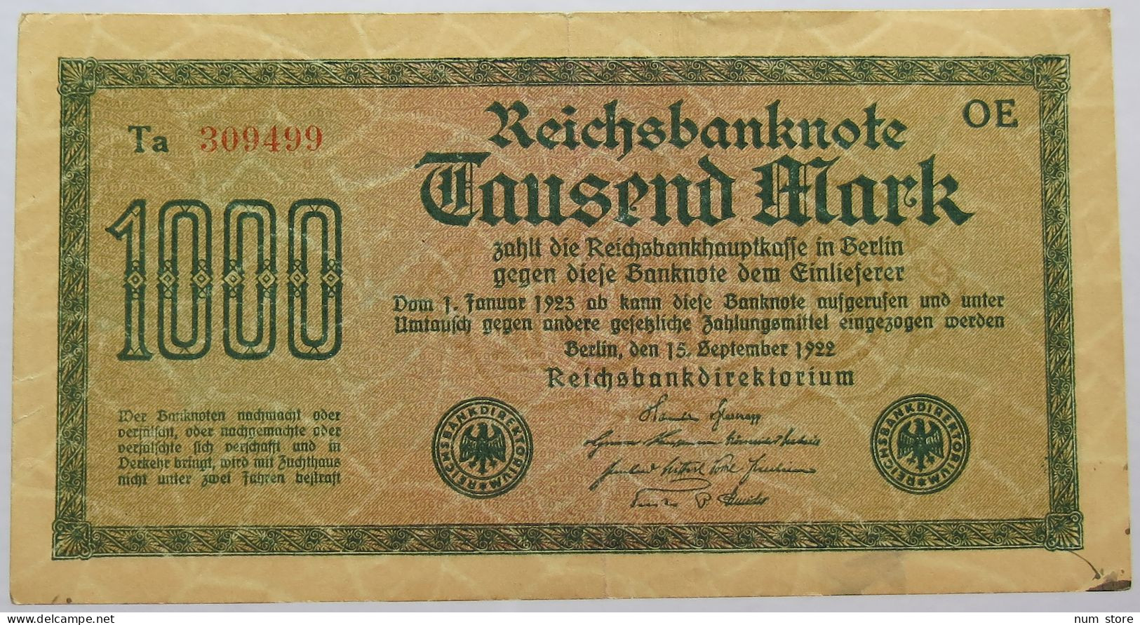 GERMANY 1000 MARK 1922 #alb067 0211 - 1.000 Mark