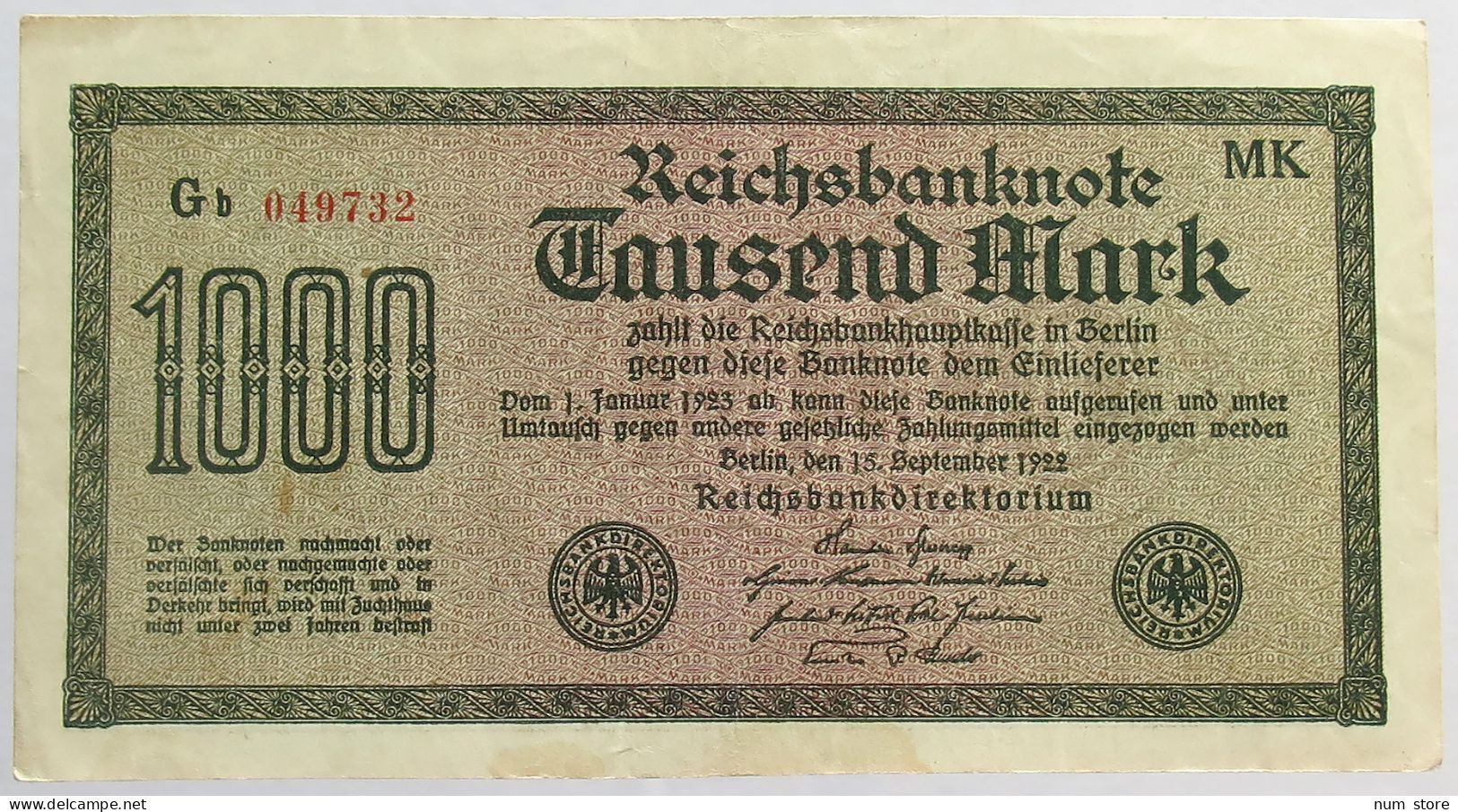 GERMANY 1000 MARK 1922 #alb066 0391 - 1.000 Mark