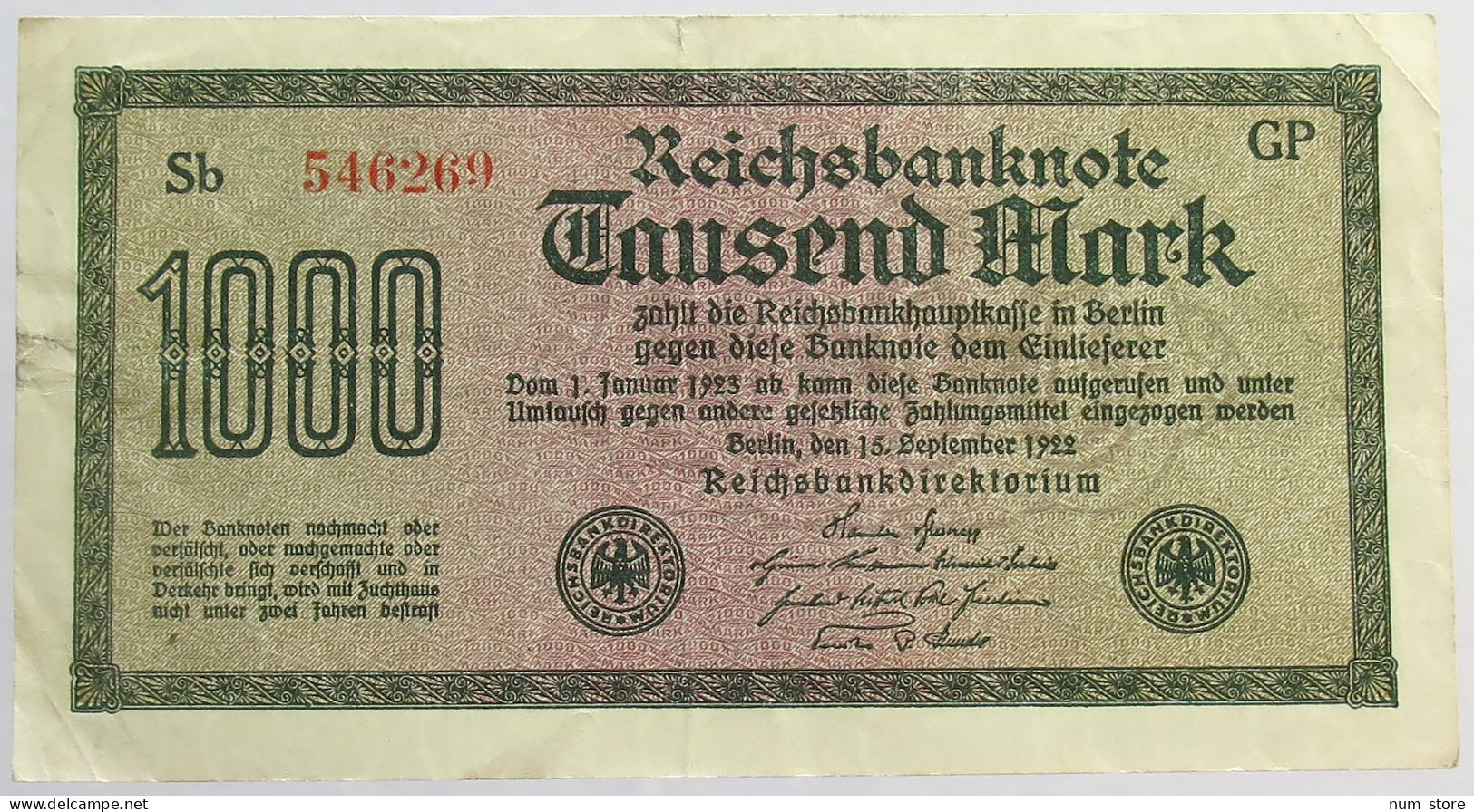 GERMANY 1000 MARK 1922 #alb066 0387 - 1.000 Mark