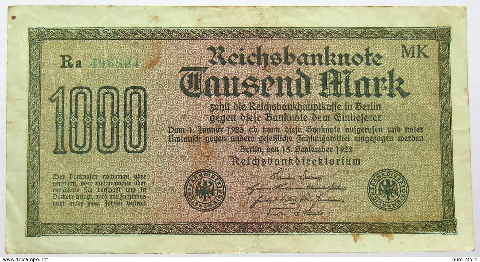 GERMANY 1000 MARK 1922 #alb066 0135 - 1000 Mark