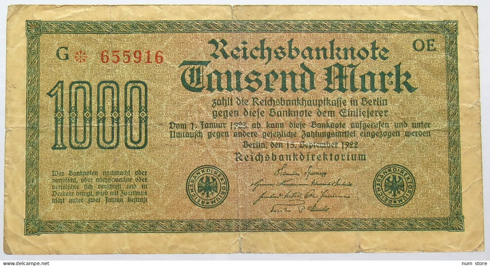 GERMANY 1000 MARK 1922 #alb066 0141 - 1.000 Mark