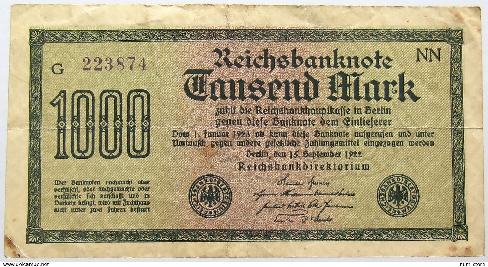 GERMANY 1000 MARK 1922 #alb066 0137 - 1.000 Mark