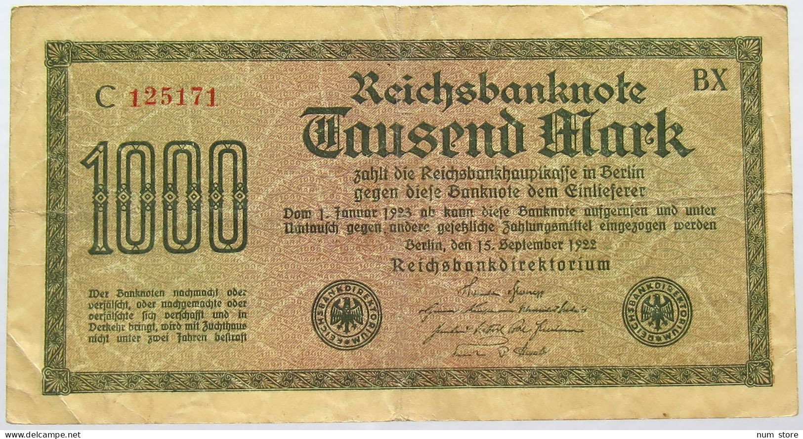 GERMANY 1000 MARK 1922 #alb066 0131 - 1.000 Mark