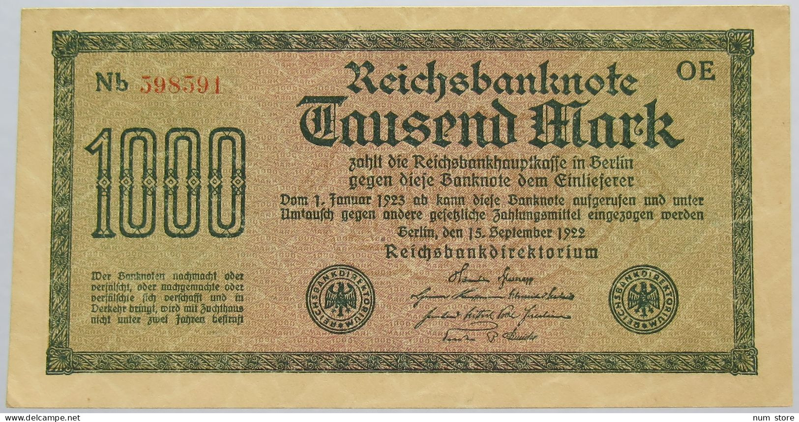 GERMANY 1000 MARK 1922 #alb020 0005 - 1000 Mark