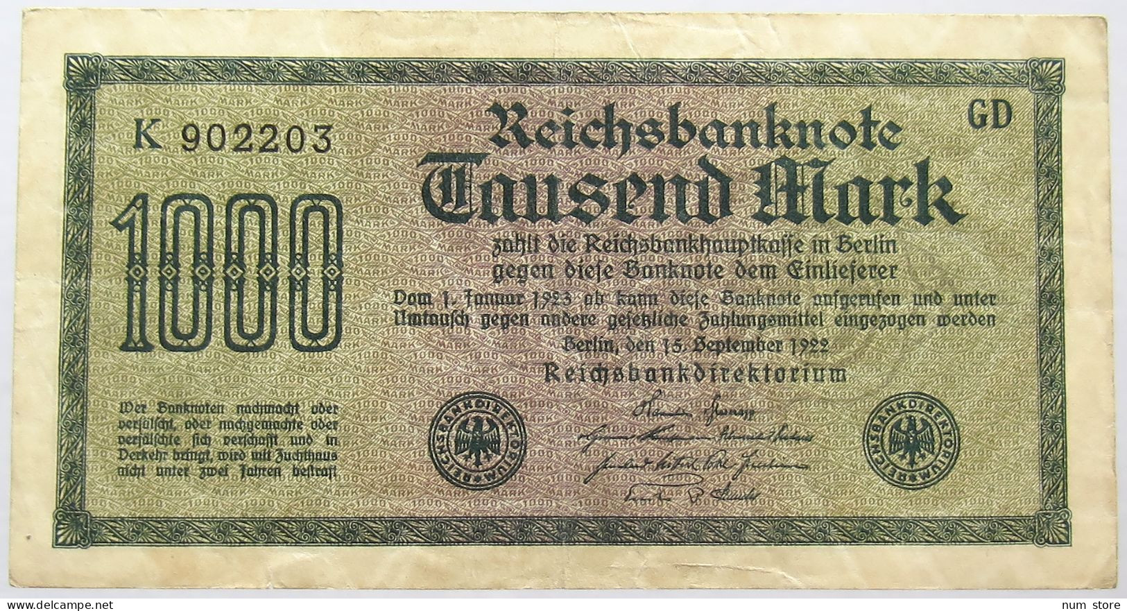 GERMANY 1000 MARK 1922 #alb066 0121 - 1000 Mark