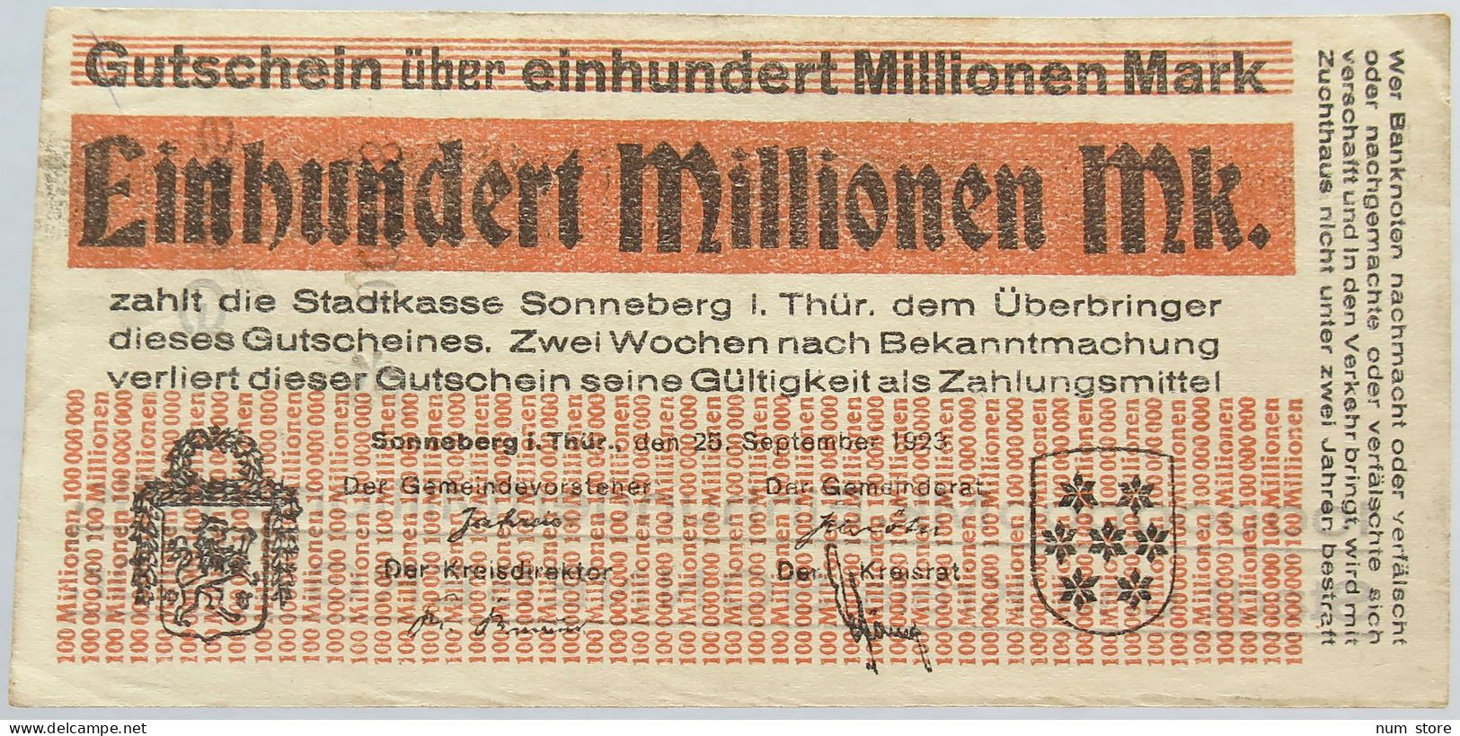 GERMANY 100 MILLIONEN MARK SONNEBERG #alb003 0181 - 100 Miljoen Mark