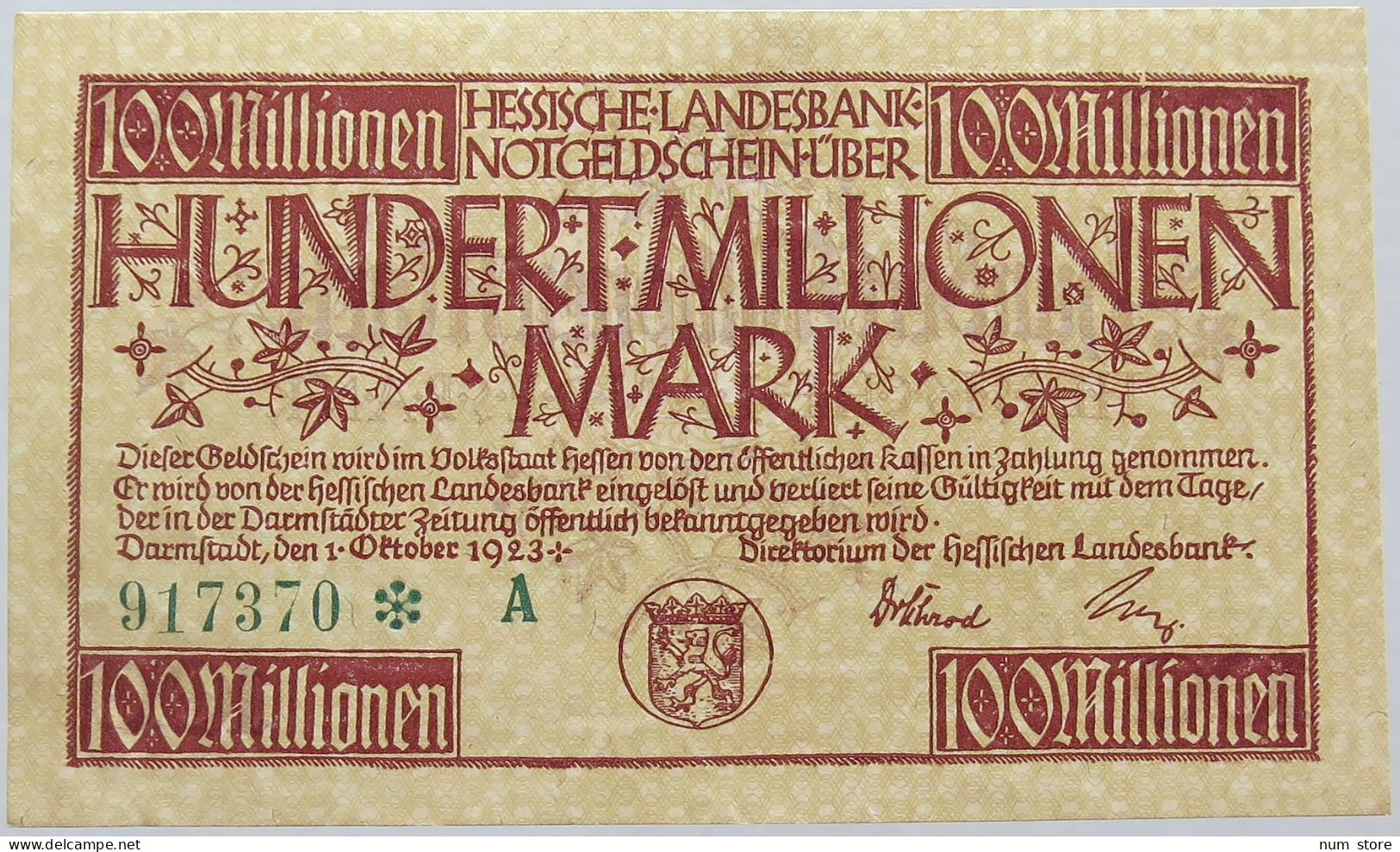 GERMANY 100 MILLIONEN MARK 1923 HESSEN #alb004 0273 - 100 Mio. Mark